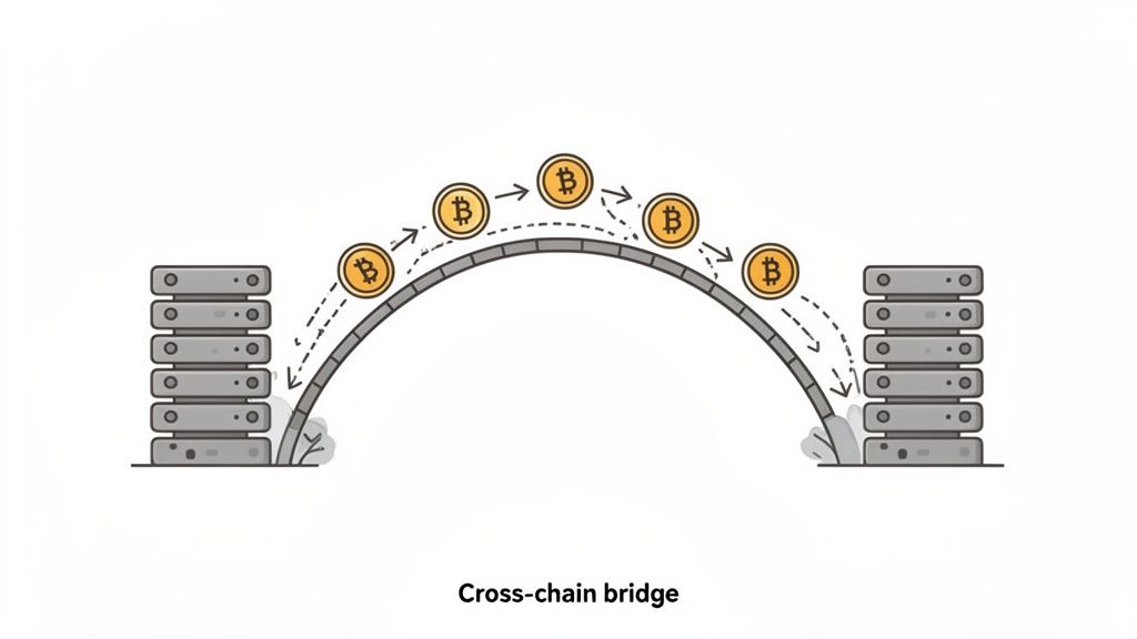 Illustration of a cross-chain bridge facilitating Bitcoin transactions between two blockchain server stacks.
