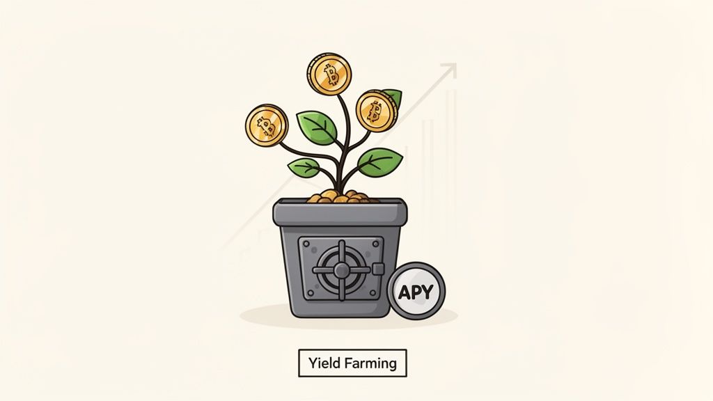 An illustration showing a Bitcoin plant growing in a safe-like pot, symbolizing yield farming and APY.
