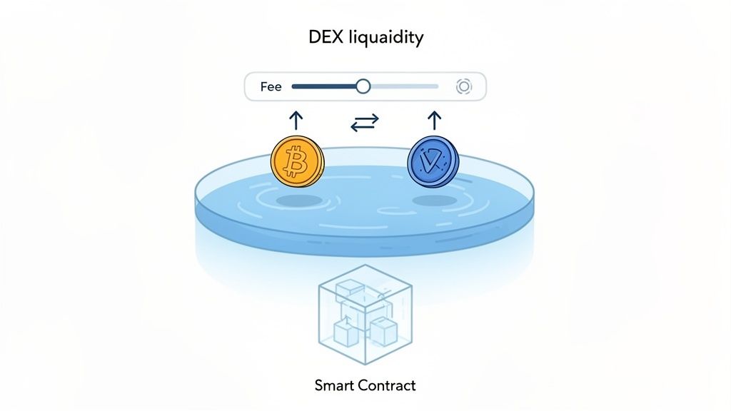 Illustration of a DEX liquidity pool, Bitcoin, another crypto, fees, and smart contract.