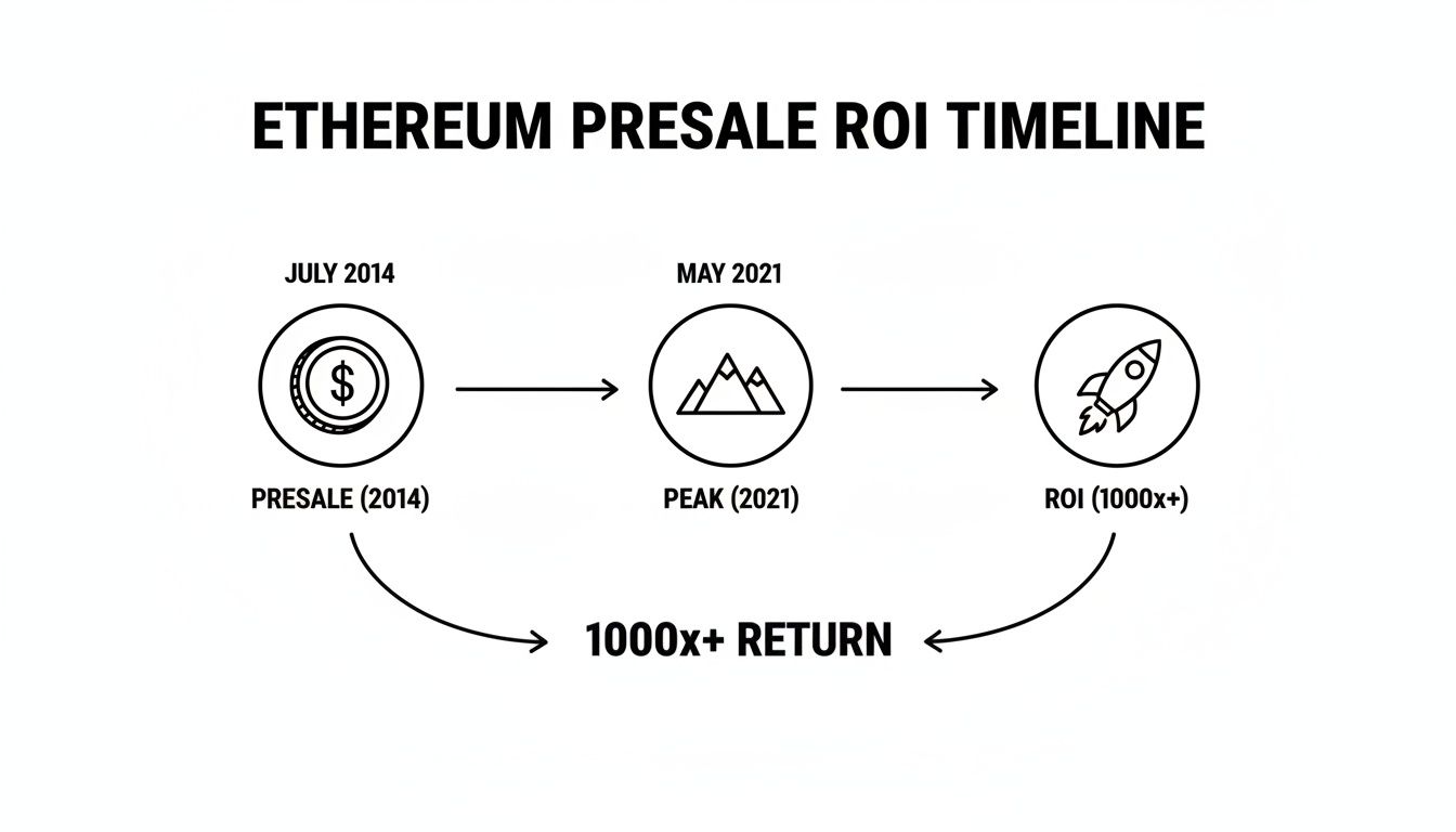 Timeline illustrating Ethereum's presale investment journey from 2014 to 2021, showing over 1000x return.