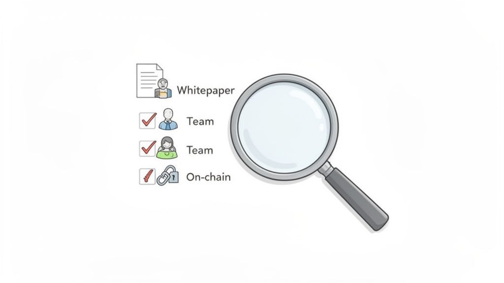 A magnifying glass inspecting a checklist for token pre-sales: Whitepaper, Team, and On-chain status.