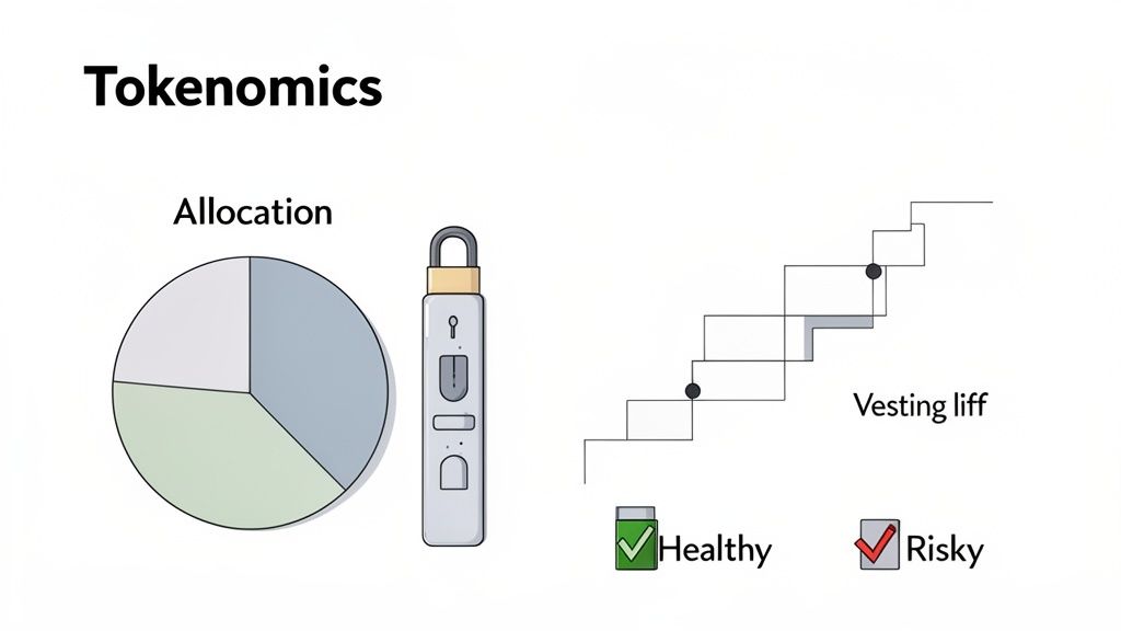 A diagram of tokenomics, showing token allocation, a vesting schedule, security lock, and healthy versus risky status.