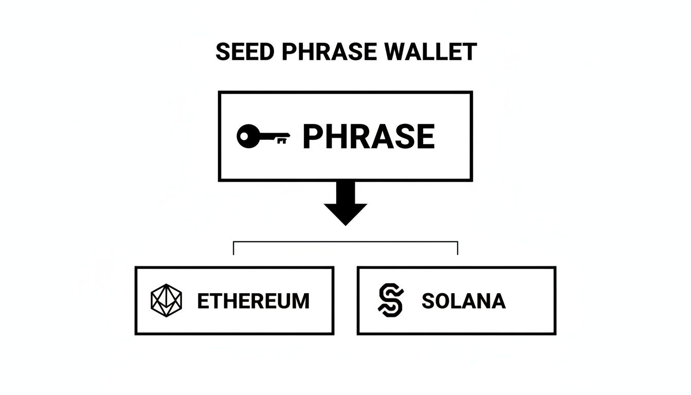 A seed phrase wallet diagram illustrating how one phrase manages Ethereum and Solana cryptocurrencies.