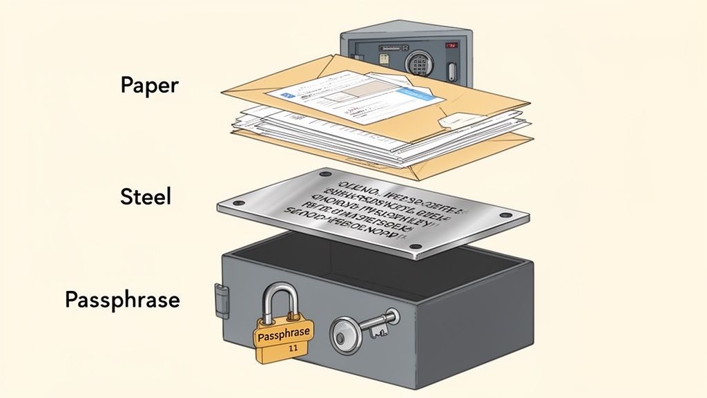 An exploded view diagram showing layers of security for a seed phrase: paper documents, a steel plate, and a passphrase-locked box with a key.