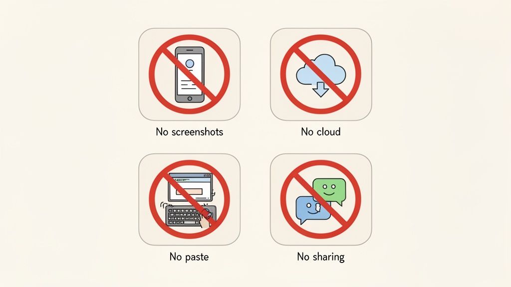 Four icons showing restrictions: no screenshots, no cloud storage, no paste, and no sharing.