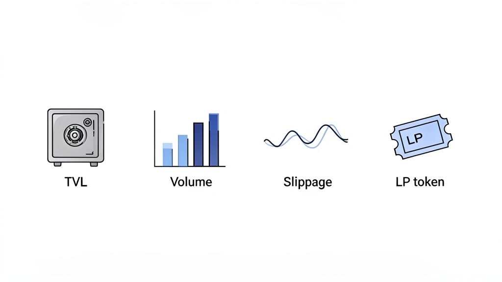 Four icons illustrate key crypto liquidity pool metrics: TVL, Volume, Slippage, and LP token.