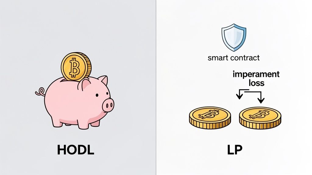 Illustrations comparing HODL (piggy bank with Bitcoin) and LP (smart contract, impermanent loss, two Bitcoin coins).