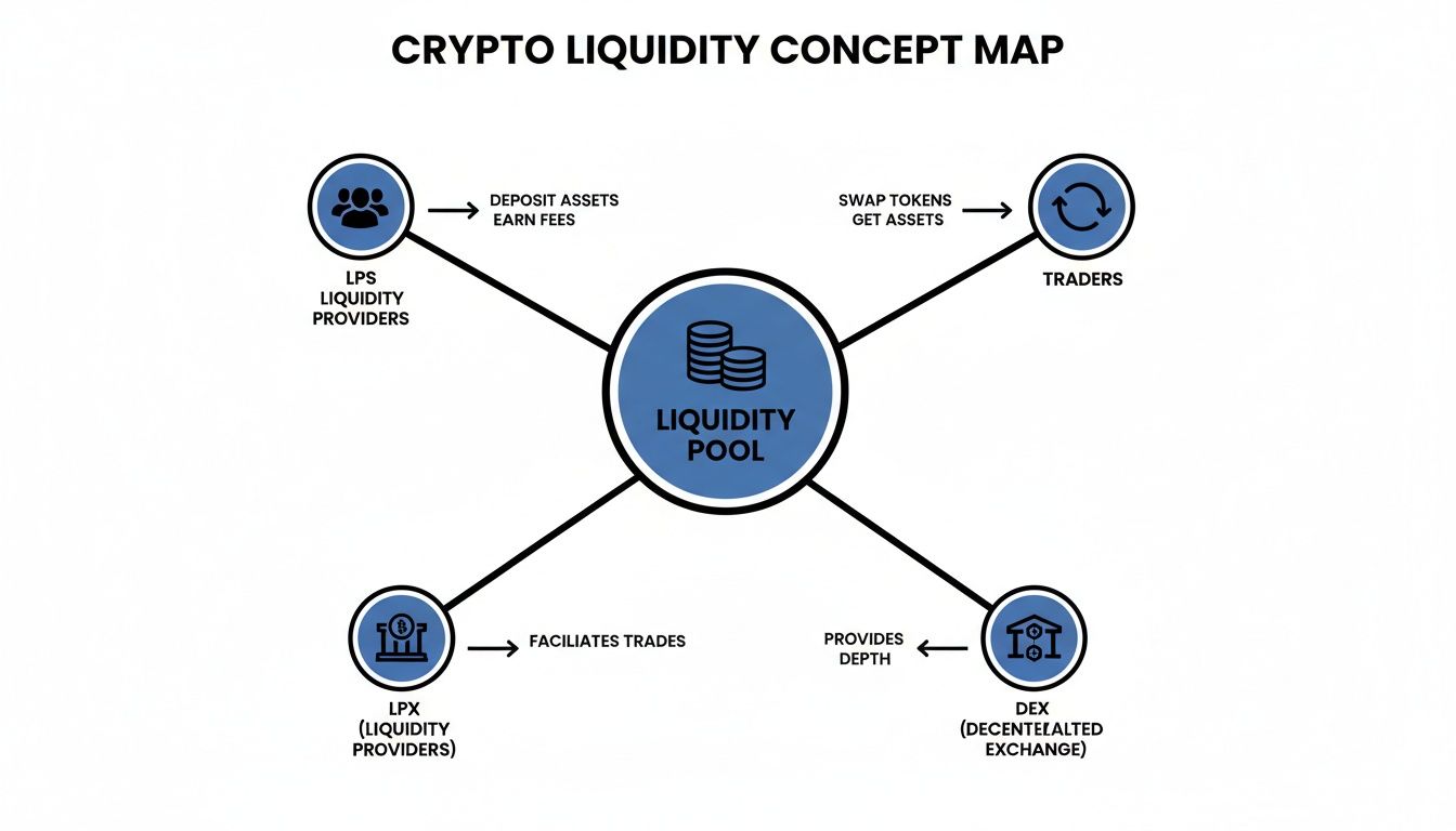 Concept map illustrating the crypto liquidity ecosystem, detailing roles of providers, traders, and decentralized exchanges with a central liquidity pool.