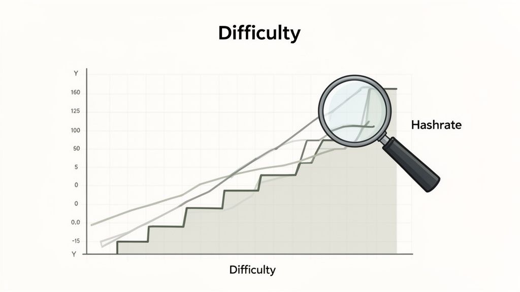 A graph showing increasing Bitcoin mining difficulty and hashrate, with a magnifying glass.