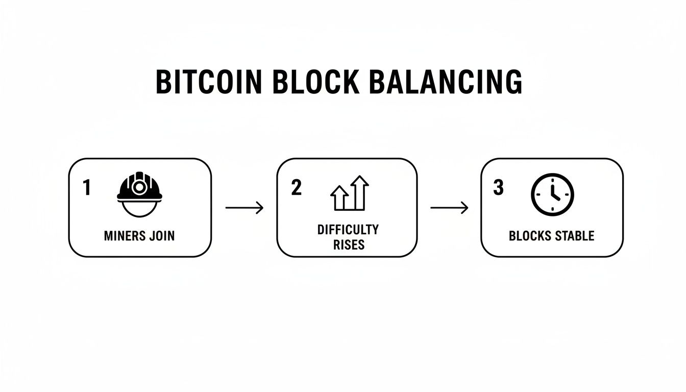 Flowchart illustrating Bitcoin block balancing: miners join, difficulty rises, and blocks become stable.