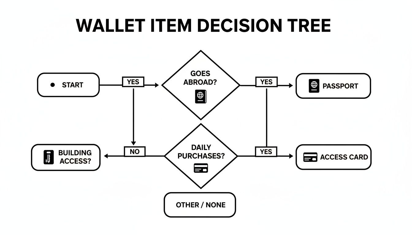 A wallet item decision tree flowchart illustrating choices for carrying items like passport and access cards.