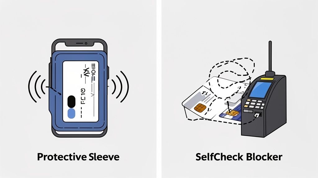 Two illustrations show methods for protecting credit cards from unauthorized scanning: a protective sleeve and a self-check blocker.
