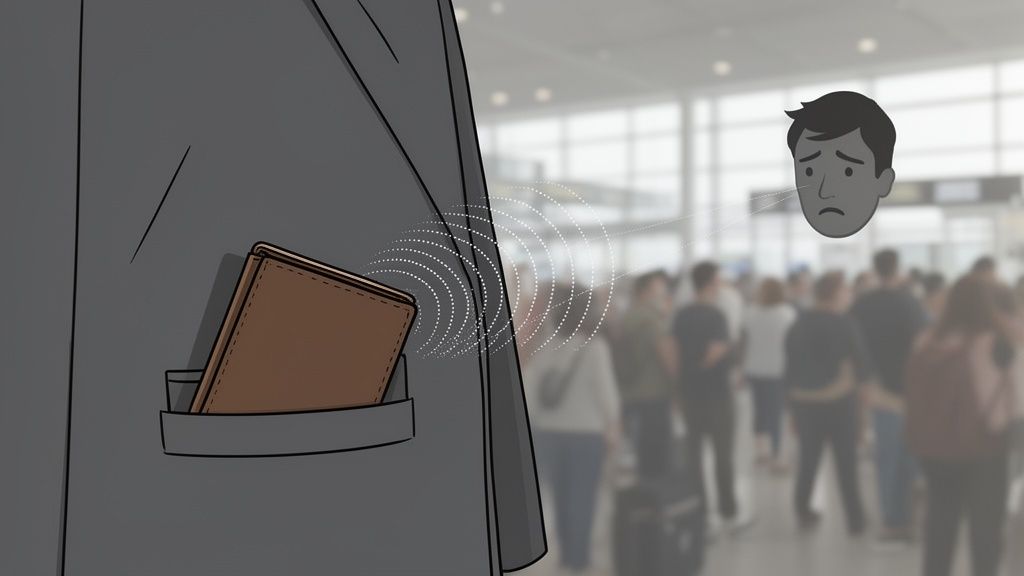 Illustration of a wallet in a pocket being scanned, causing a sad face in a crowd.