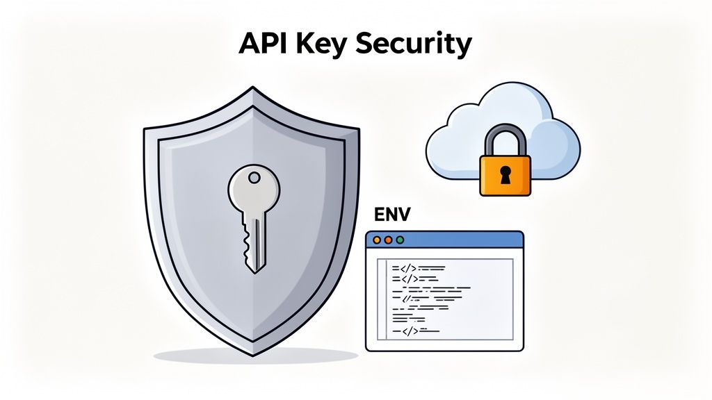 Illustration showing API key security with a shield, key, locked cloud, and environment variables code.