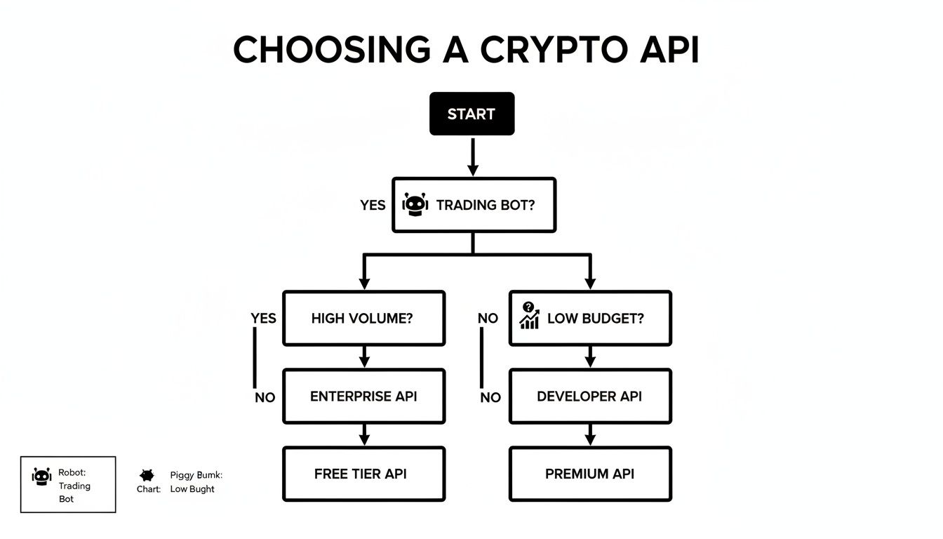 Flowchart illustrating the decision process for choosing a Crypto API based on use case and budget.