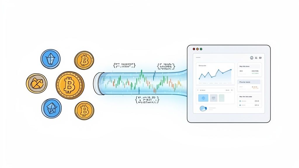 Cryptocurrency coins flow into a data tube with charts, leading to a digital dashboard displaying analytics.