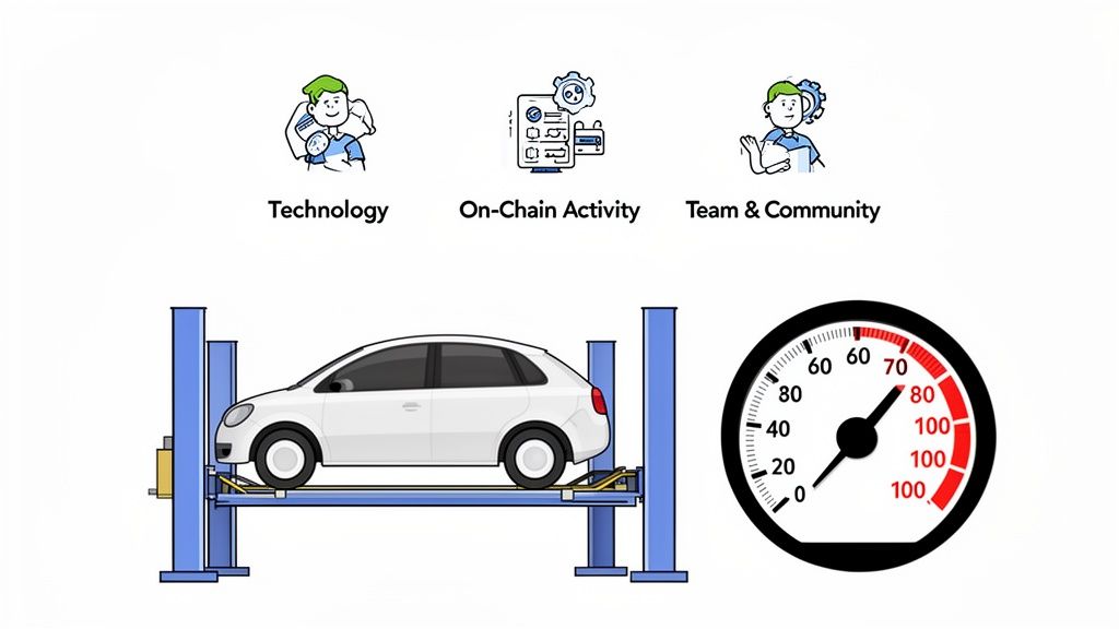Diagram illustrating a fundamental crypto asset score, including technology, on-chain activity, and community metrics.