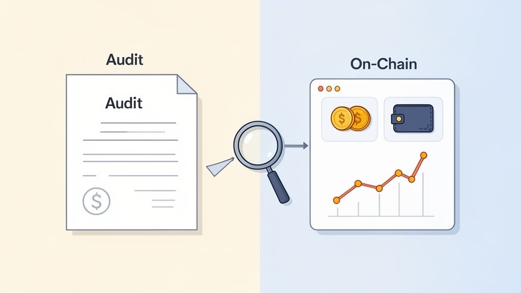 An illustration showing a document audit transforming into an on-chain financial analysis via a magnifying glass.
