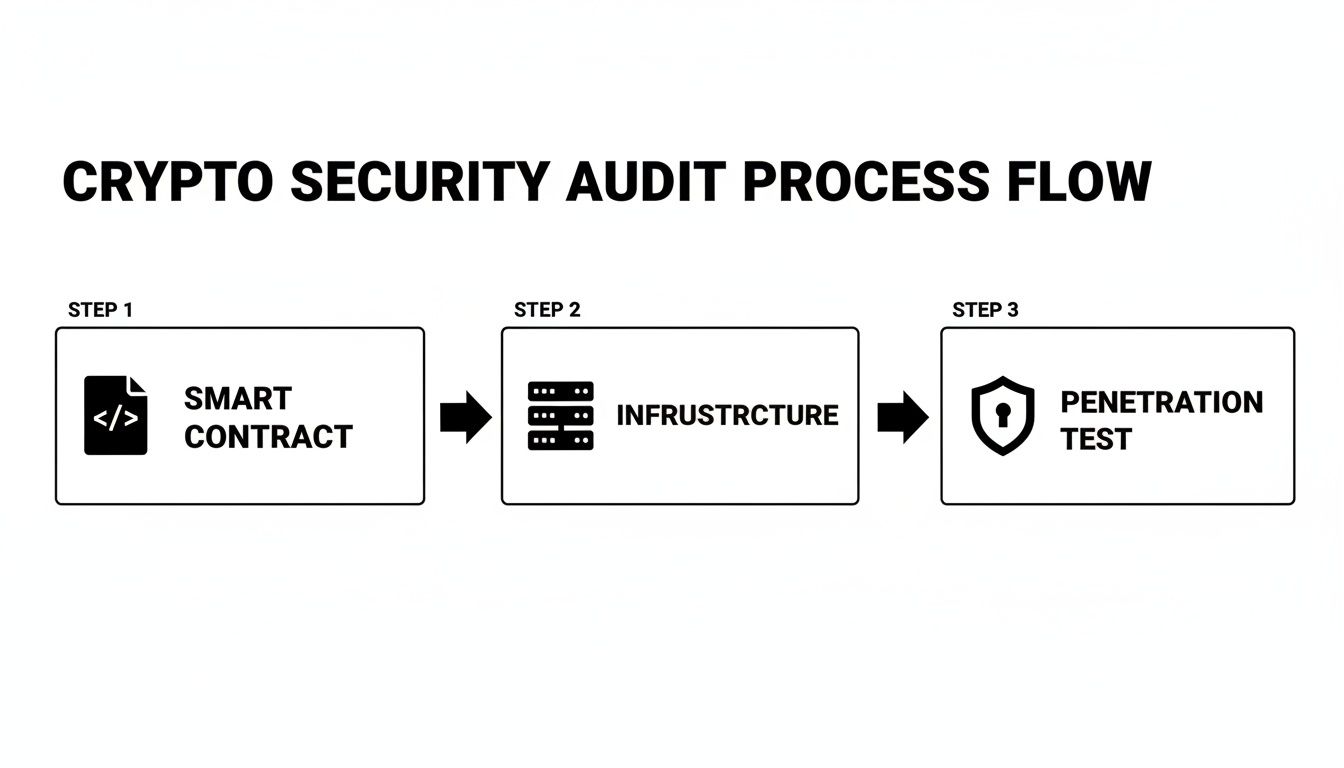 A crypto security audit process flow diagram showing three steps: Smart Contract, Infrastructure, and Penetration Test.