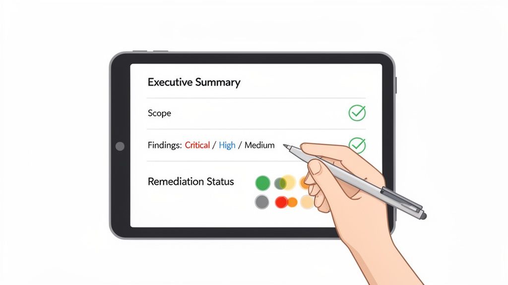 A hand uses a stylus on a tablet displaying an executive summary report with audit findings and remediation status.