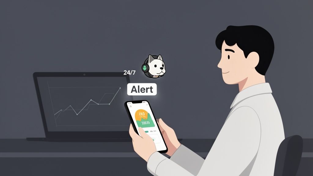 A person receives a 24/7 crypto price alert on their phone, with a dog mascot and a laptop displaying a graph.