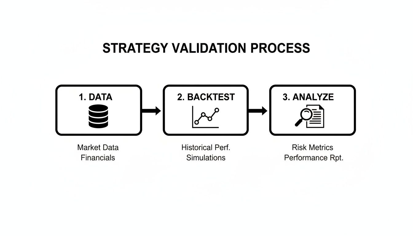 A three-step diagram outlines the strategy validation process: Data, Backtest, and Analyze.