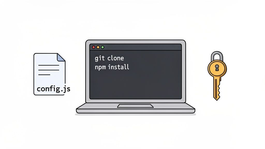 A config file, a laptop displaying 'git clone' and 'npm install' commands, and a security key.