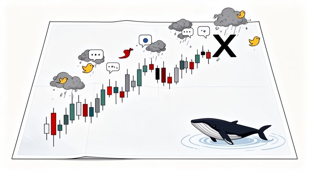 A candlestick chart on paper with a whale, rainy clouds, birds, and social media icons.