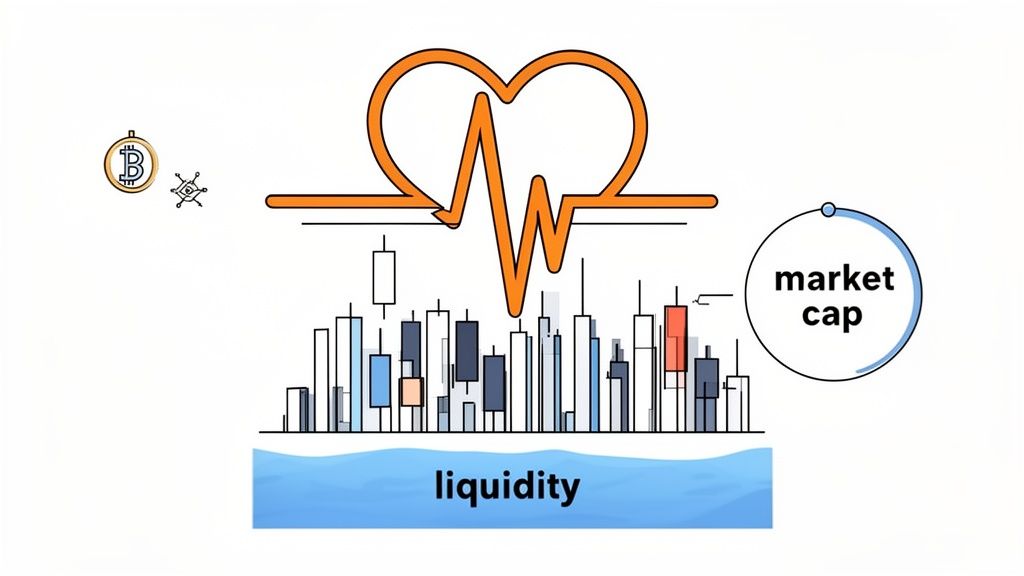 Illustration of cryptocurrency market concepts, including Bitcoin, liquidity, market cap, and candlestick charts with a heartbeat.