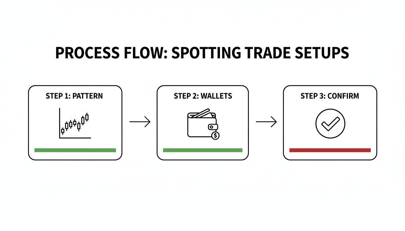 A process flow diagram illustrating three steps for spotting trade setups: Pattern, Wallets, and Confirm.
