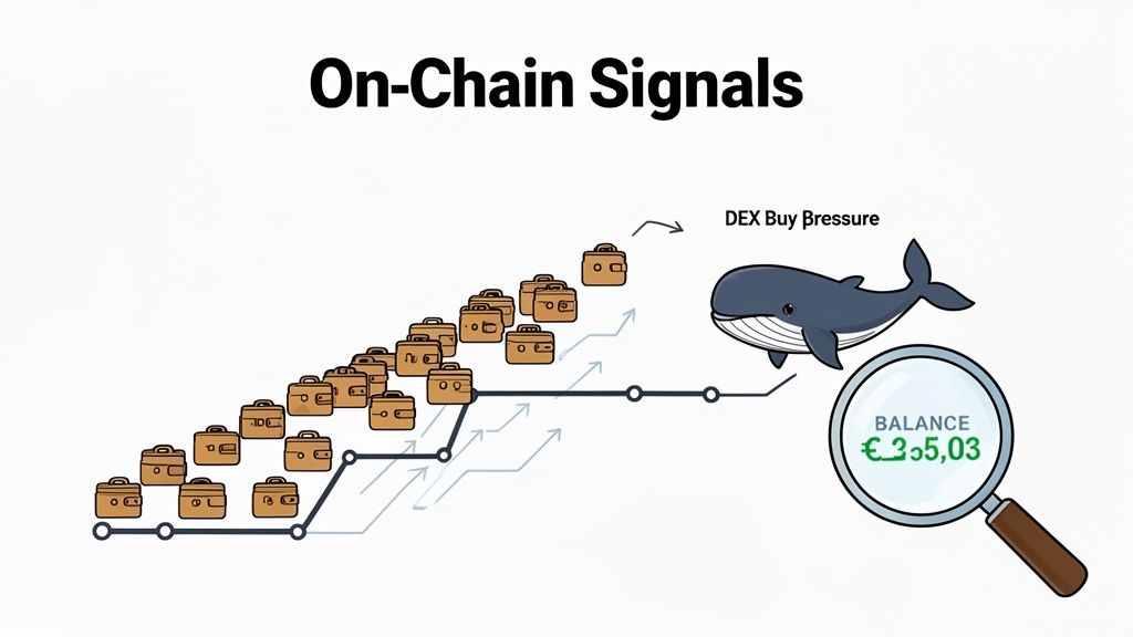 Illustration of on-chain signals, tracking increasing wallet activity, whale transactions, and DEX buy pressure.