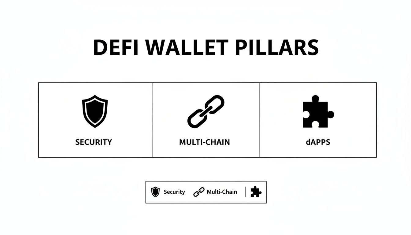 Diagram illustrating the essential pillars of a DeFi wallet: security, multi-chain, and dApps integration.