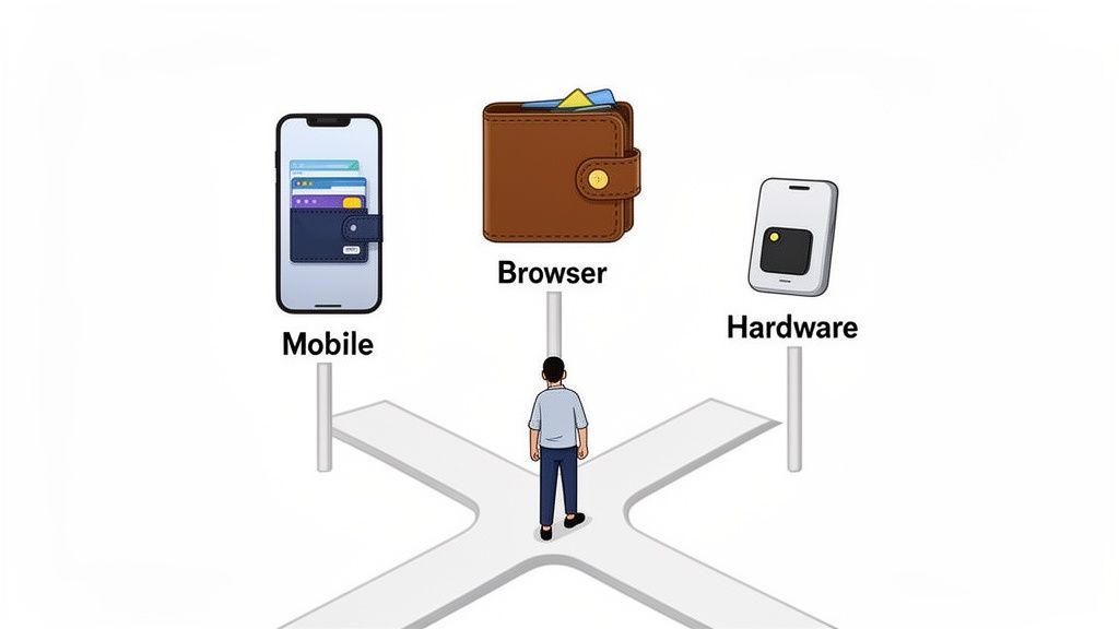 Illustration of a person at a crossroads choosing between mobile, browser, and hardware wallet options.