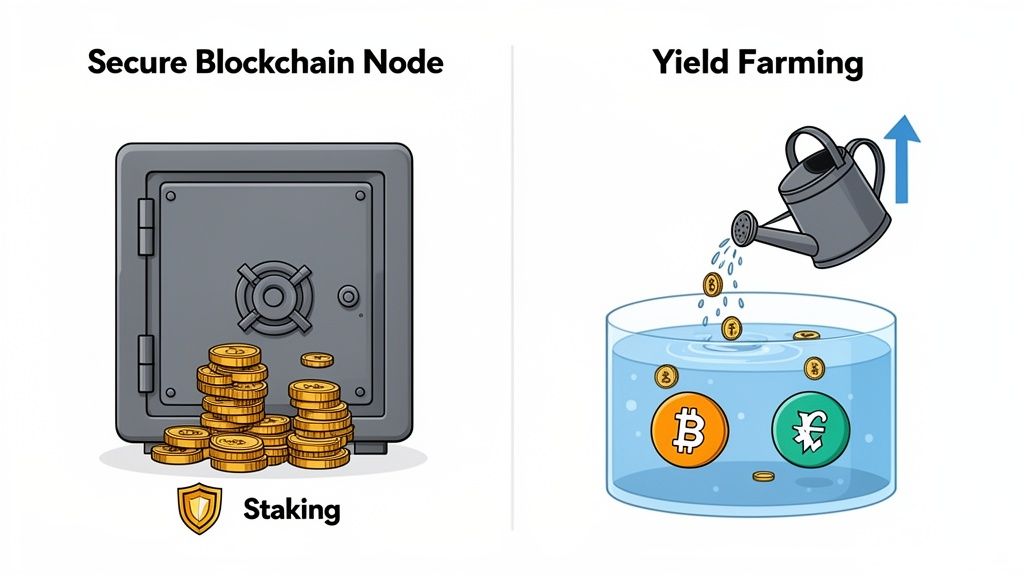 Illustration comparing secure blockchain staking represented by a safe and coins, with yield farming shown as watering cryptocurrencies.
