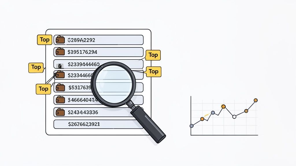 A magnifying glass inspects a list of financial values with 'Top' labels, alongside a rising trend graph.