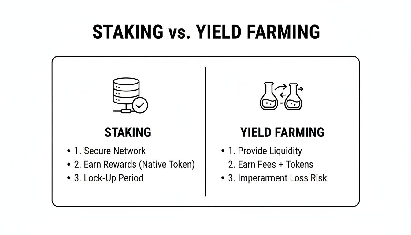Infographic comparing Staking vs. Yield Farming, highlighting their key features and risks.