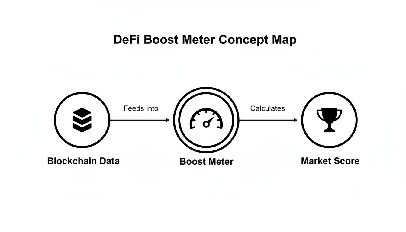 DeFi Boost Meter Concept Map: Blockchain Data feeds into Boost Meter, which calculates Market Score.