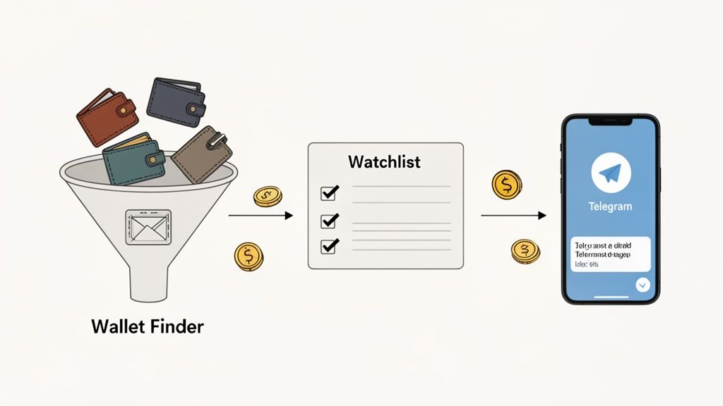 Diagram showing a wallet finder funnel leading to a watchlist and Telegram notifications for financial tracking.
