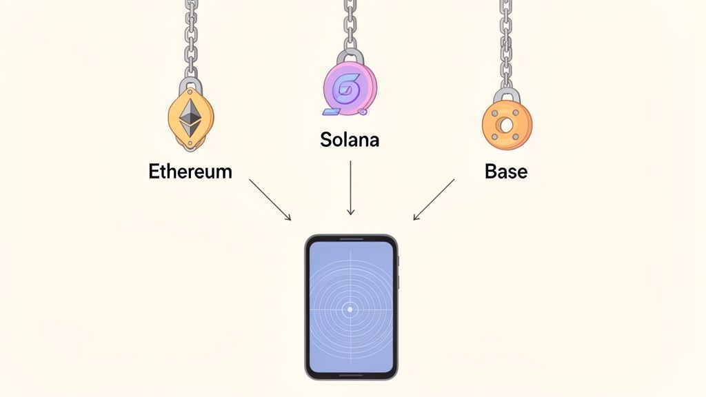 Ethereum, Solana, and Base blockchain networks integrating with a mobile application shown with arrows.