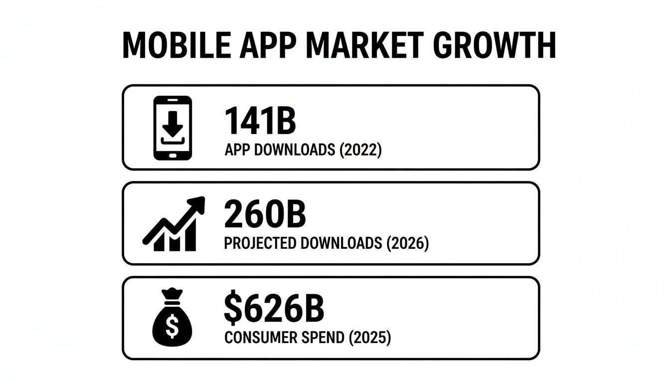 Infographic detailing mobile app market growth, showing app downloads for 2022 and 2026, and consumer spend for 2025.