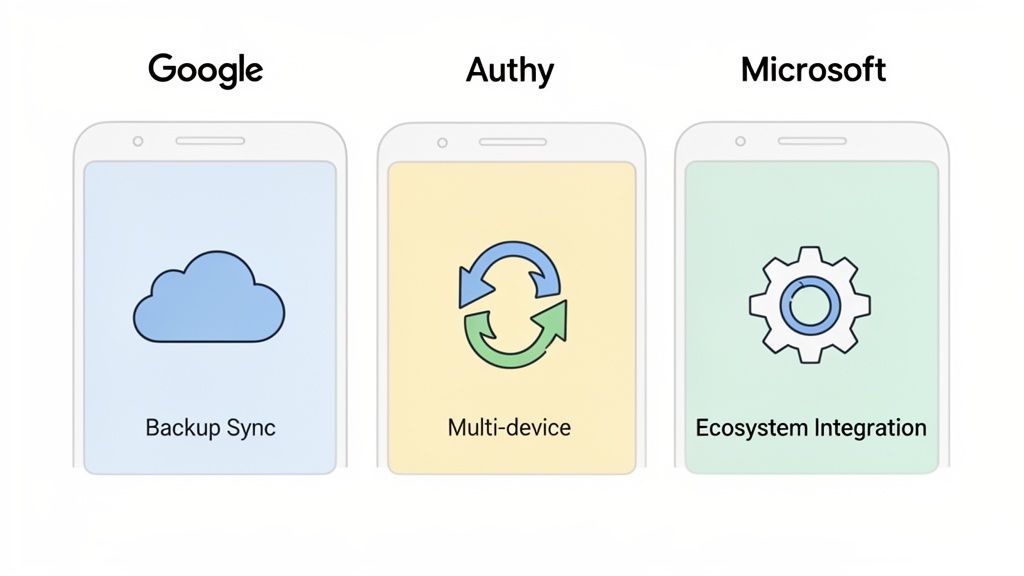 Comparison of Google, Authy, and Microsoft app features for backup sync, multi-device, and ecosystem integration.
