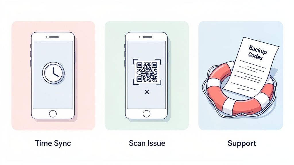 Three illustrations showing authenticator app troubleshooting steps: time sync, QR scan issue, and backup codes support.