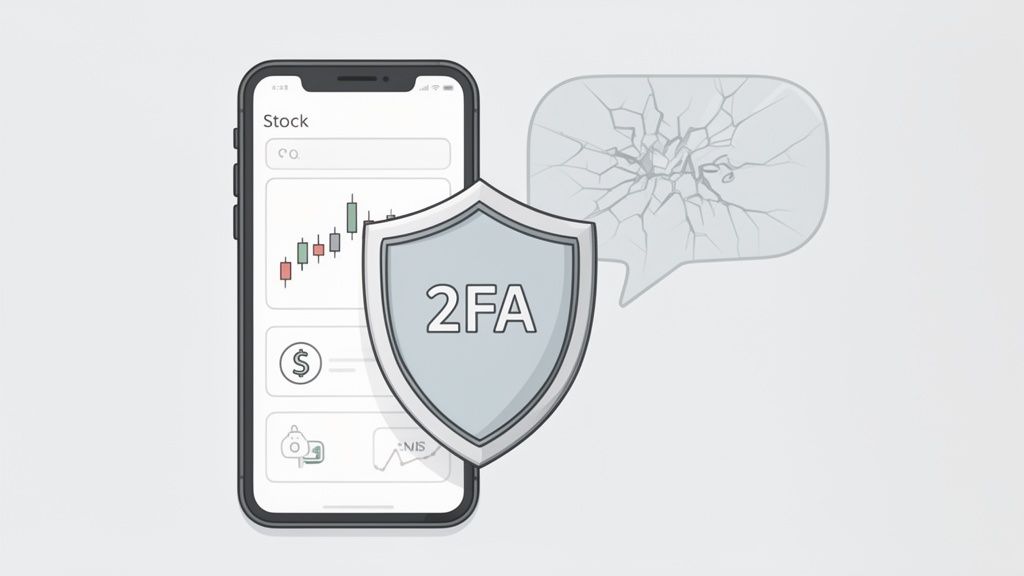 A smartphone with a stock trading app is shielded by 2FA, symbolizing strong security against threats.