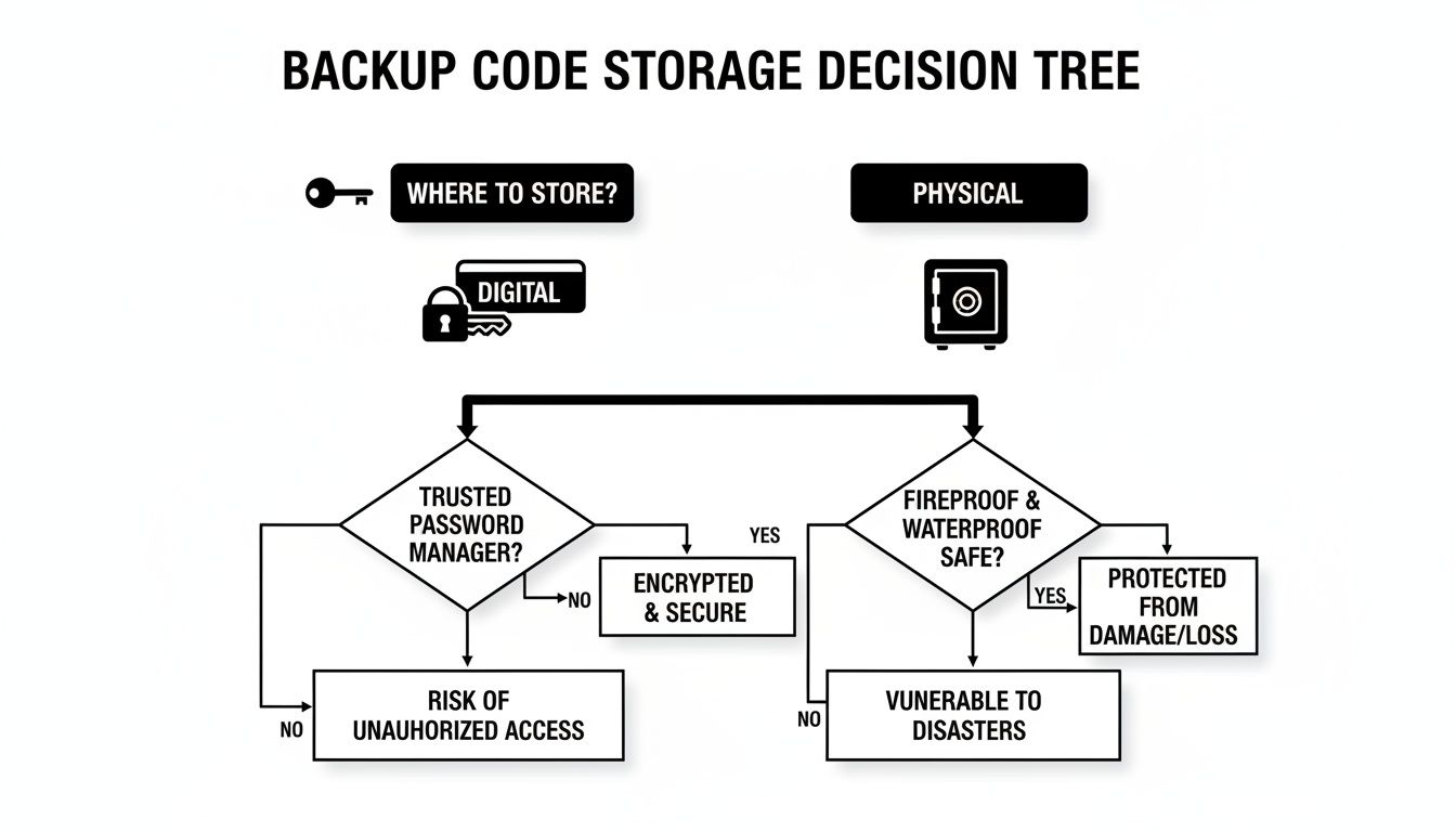 Flowchart detailing backup code storage options, considering digital password managers and physical safes for security.