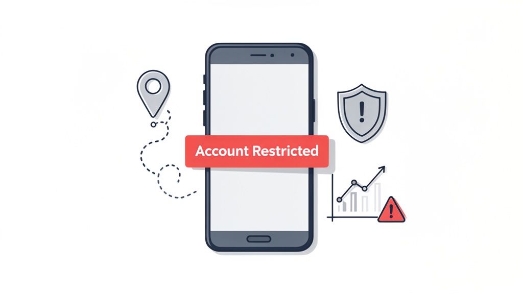 A smartphone displaying an 'Account Restricted' message with surrounding icons representing location, security, and financial activity warnings.