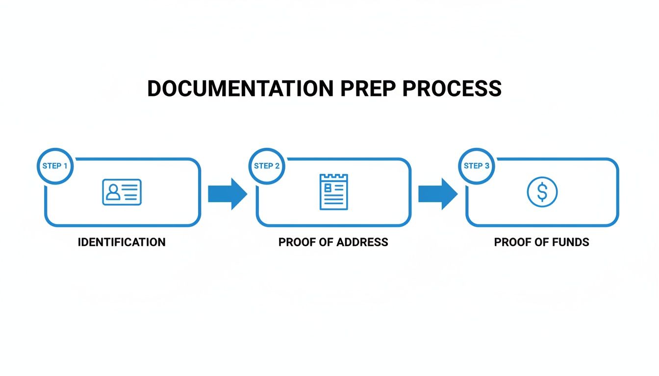 Flowchart illustrating the three-step documentation prep process for identification, address, and funds verification.