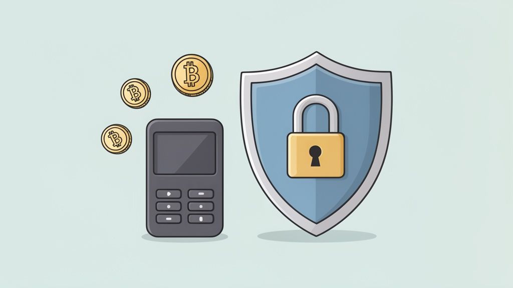 A hardware wallet with Bitcoin coins and a secure shield with a padlock, symbolizing cryptocurrency security.
