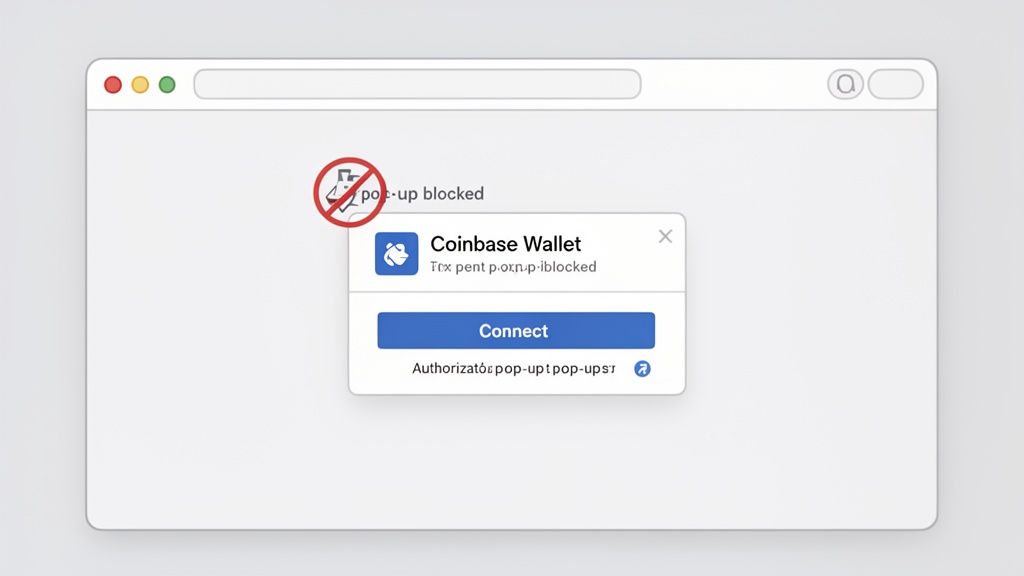 A web browser showing a 'pop-up blocked' notification for a Coinbase Wallet connection attempt.