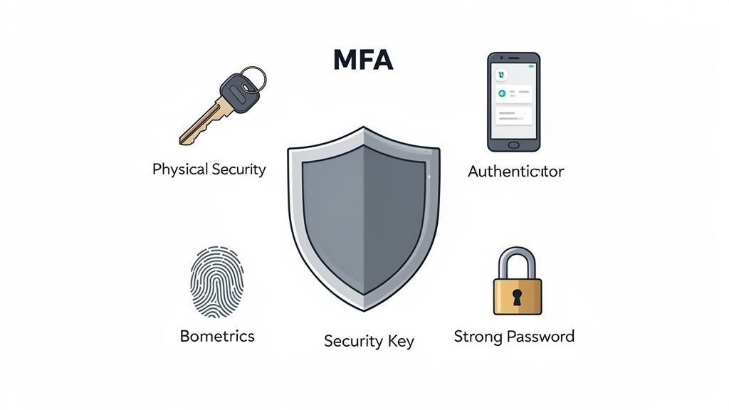 A graphic illustrating Multi-Factor Authentication (MFA) with icons for physical security, authenticator, biometrics, security key, and strong password.