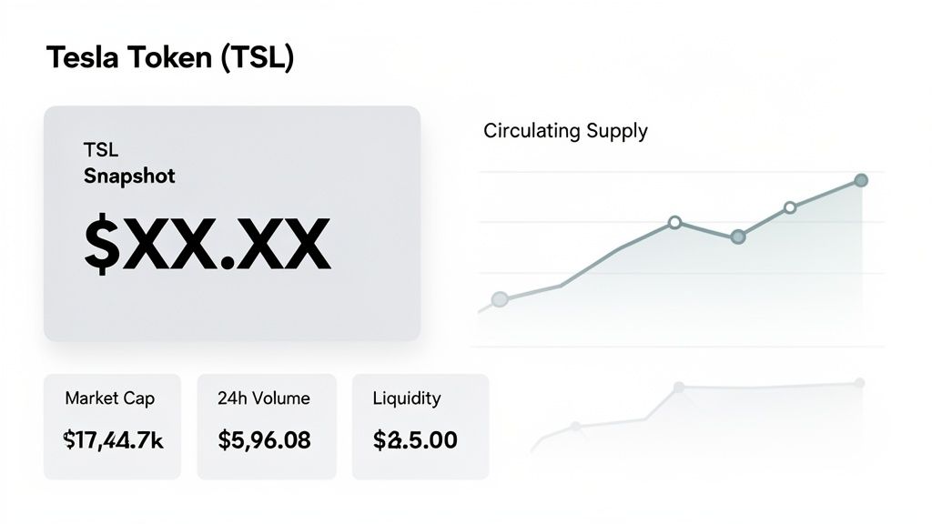 A digital dashboard displaying Tesla Token (TSL) crypto details, including price, market cap, volume, and circulating supply graph.